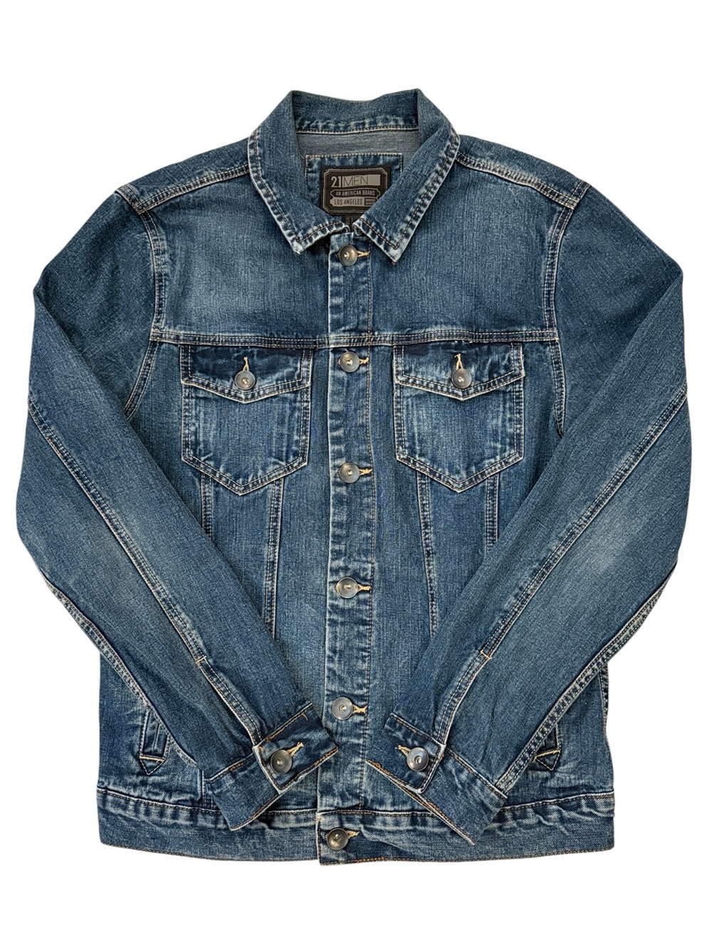 21Men Los Angeles Distressed Denim Trucker Jacket Large Blue Cotton Jean Coat